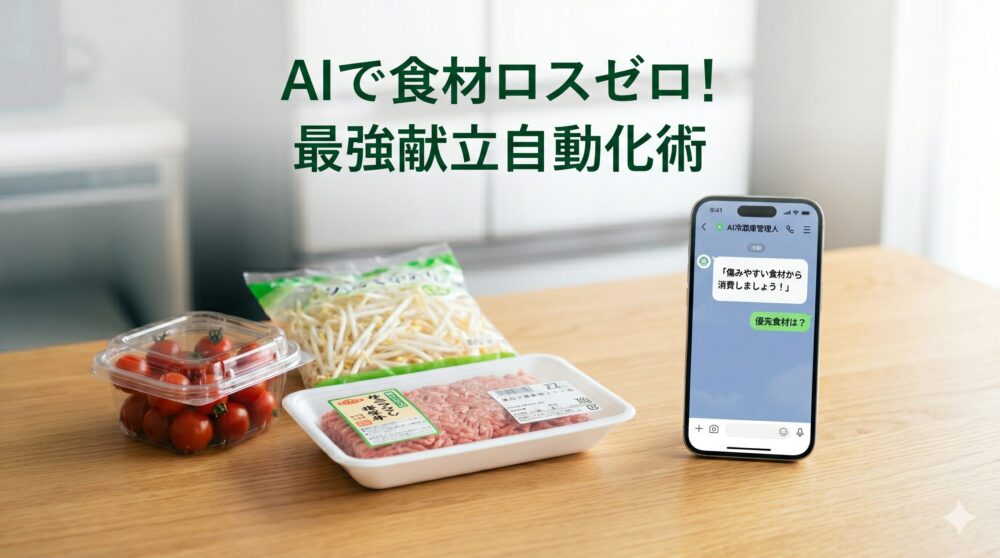 自然光が差し込む明るいキッチンの木のテーブルの上に、プチトマトの容器、もやしの袋、パック詰めの豚ひき肉が並べられています。その横には、AI冷蔵庫管理人とのチャット画面が表示されたスマートフォンが置かれており、画面には「傷みやすい食材から消費しましょう！」というAIのメッセージと、「優先食材は？」というユーザーの返信が見えます。画像上部には、大きな緑色の文字で「AIで食材ロスゼロ！ 最強献立自動化術」という日本語のテキストが配置されています。背景はぼかされた現代的なキッチンです。