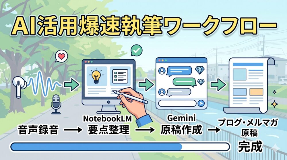 現代的で様式化されたデジタルイラストレーションで、川沿いの散歩道を背景にした「AI活用爆速執筆ワークフロー」が描かれている。左から右へのフロー形式で、以下の3つのステップがアイコンと日本語テキストで示されている。「音声録音」: AirPodsとマイク、音波のアイコン。 「要点整理」: ペンを持つ手、電球、ドキュメントリストが描かれたNotebookLMのインターフェース。 「原稿作成」: ダイヤモンドアイコンとチャットスピーチバブルのGeminiのインターフェース。 フローの終点には、完成したブログレイアウトのドキュメントが「ブログ・メルマガ原稿」と「完成」のテキストと共に描かれている。下部にはプログレスバーがあり、ハートとチェックマークのアイコンが散りばめられている。