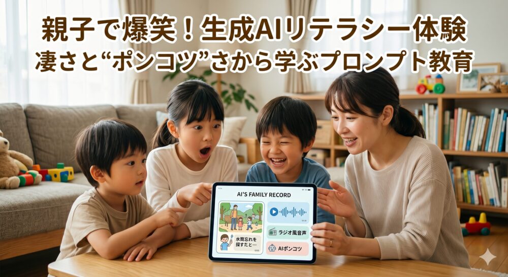 リビングのソファの前で、母親と3人の子供たちがタブレット端末を囲み、驚いたり笑ったりしている様子。タブレット画面には「AI'S FAMILY RECORD」の文字と、公園での水筒忘れのエピソード、「ラジオ風音声」、「AIのポンコツ」といった項目が表示されている。画面上部には日本語で「親子で爆笑！生成AIリテラシー体験」と「凄さと“ポンコツ”さから学ぶプロンプト教育」の文字が重なっている。