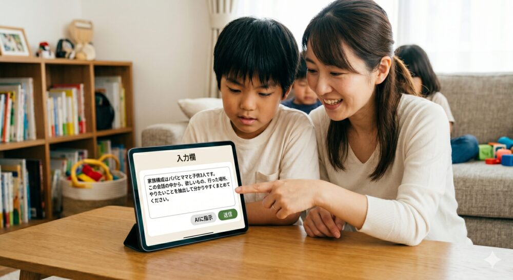 リビングで、母親が子供の隣に座り、タブレットの画面を指差しながら説明しているクローズアップ写真。タブレットの画面には、AIへの日本語プロンプト入力画面が表示されており、入力欄には「家族構成はパパとママと子供3人です。この会話の中から、欲しいもの、行った場所、やりたいことを抽出して分かりやすくまとめてください。」という具体的な指示テキストが入力されている。子供が真剣な表情で画面を見つめている。