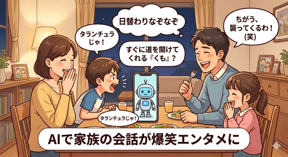 食卓を囲む家族がスマートフォンを見ながら「AIなぞなぞ」を楽しむ様子。AIの「道を開けるくもは？」という問題に、男の子が身を乗り出して「タランチュラじゃ！」と珍解答を叫び、親と妹が笑っている。