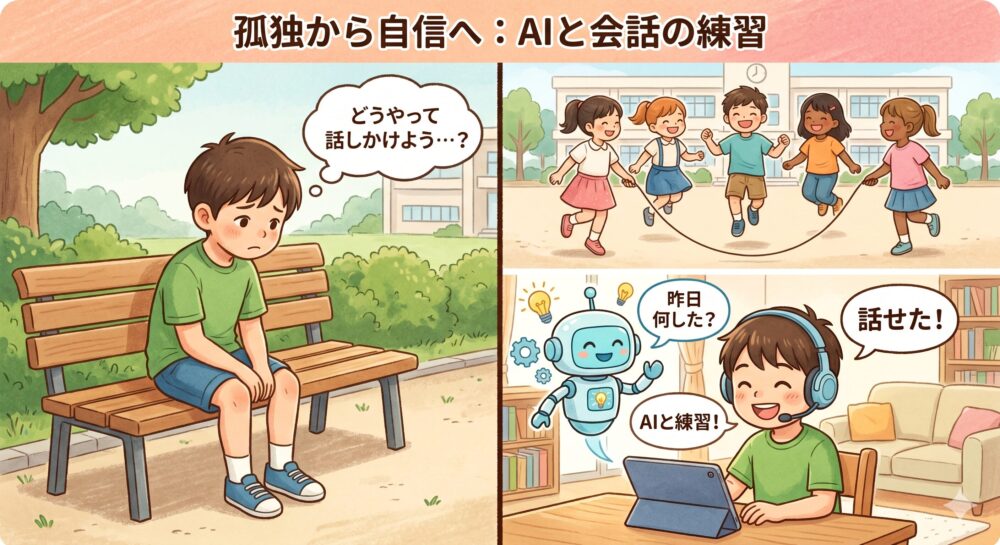 縦に2分割されたイラスト。上部は小学校の校庭で、孤独な男の子が1人でベンチに座り、遠くで楽しそうに縄跳びをする子供たちを眺めている。彼の吹き出しには「どうやって話しかけよう…？」とある。下部は明るい自宅のリビングで、同じ男の子が笑顔でヘッドセットを着用し、タブレットに向かって話している。タブレットからフレンドリーなAIロボットが浮かび上がり、「昨日何した？」と問いかけている。男の子は「AIと練習！」、「話せた！」と答えている。全体タイトルは「孤独から自信へ：AIと会話の練習」。