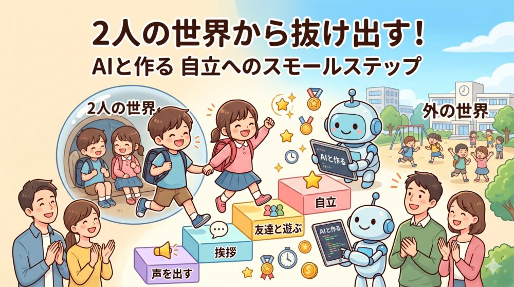 双子の『2人の世界』からの自立。ドームに閉じこもる双子と、AIロボットが作ったスモールステップの階段（声出し、挨拶、友達と遊ぶ、自立）を登り、他の子どもたちが元気に遊ぶ明るい外の世界へ向かう双子、見守る両親のイラスト。