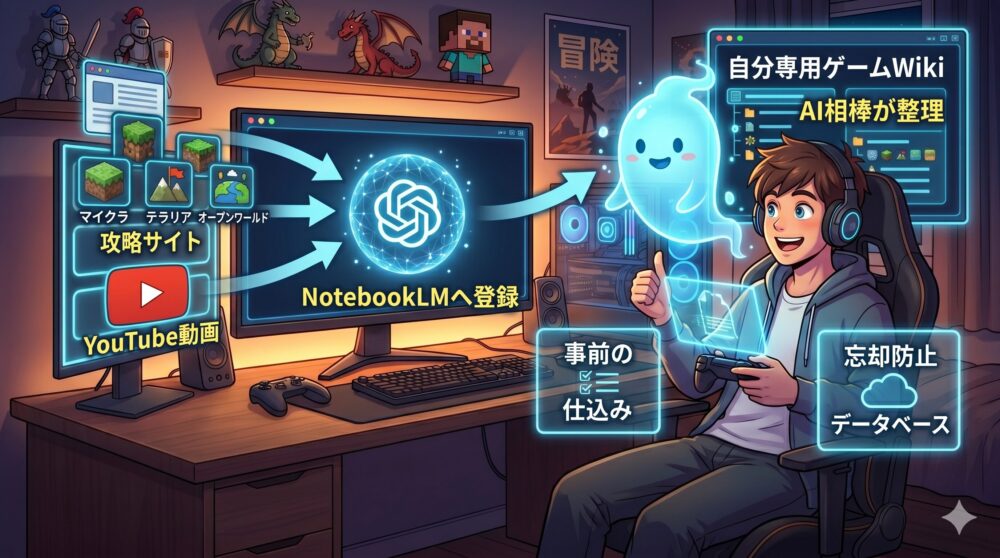 パソコン画面を前に、左側のモニターには攻略動画やWiki、右側にはNotebookLMの「自分専用ゲームWiki」と「AI相棒（笑顔の青い光）」、そしてゲーム機を持つ若い男性。男性が笑顔でAI相棒と画面を指さしており、画面上の日本語の文字「攻略サイト」「YouTube動画」「登録」がAIへと集約されている。