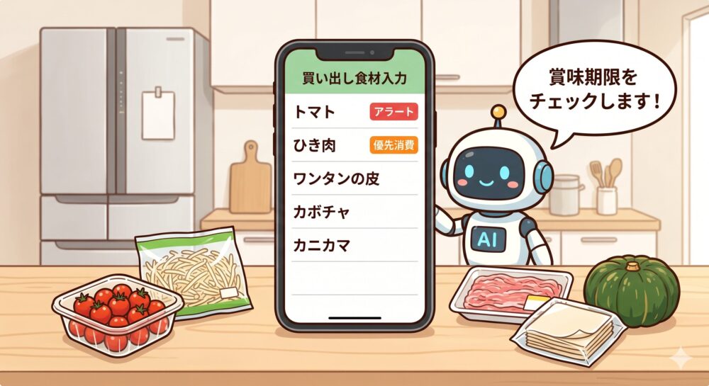 キッチンカウンターに並べられたトマト、もやし、ひき肉、ワンタンの皮、カボチャの横で、AIロボットが「賞味期限をチェックします!」と言っている。大きなスマホの画面には「買い出し食材入力」が表示され、トマトに「アラート」、ひき肉に「優先消費」のマークが付いている