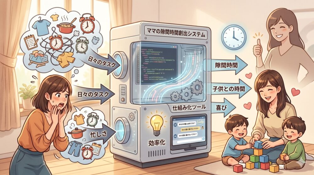 忙しいママの混沌としたタスクが、AIから生まれた『仕組み化ツール（ママの隙間時間創出システム）』に入り、効率的なコードや自動化によって、隙間時間、子供との時間、喜びのアイコンへと変換され、笑顔のママと子供たちの元へ届けられる様子を描いたイラスト。