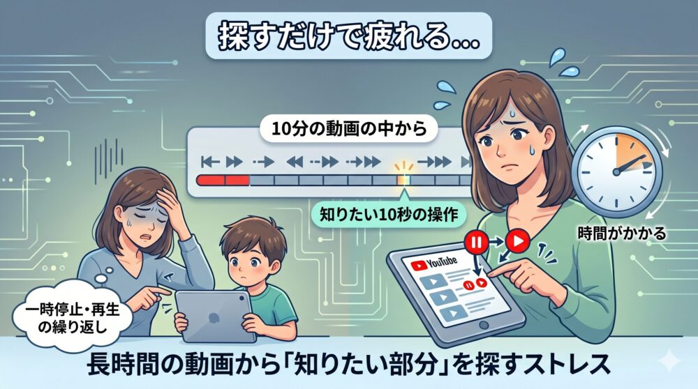長時間のYouTube動画から、特定の短い手順を探し出そうとするストレスを表現したイラスト。アイキャッチ画像と同じ母子が、タブレットの画面（YouTubeのシークバー）を見ながら、頻繁な一時停止と再生を繰り返し、疲れている様子が描かれている。日本語で「一時停止・再生の繰り返し」「探すだけで疲れる...」「時間がかかる」と書かれている。