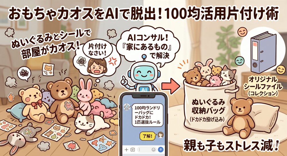 おもちゃのカオス状態に怒る母親から、AIの助言を経て、ダイソーのランドリーバッグを使った「ドカドカ投げ込み収納」と、手作りのリングバインダーによる「コレクション化」の仕組みを導入。すっきりと整理整頓された部屋への劇的な変化を描いたイラスト。中央にAIコンサルタントと、具体的な助言が書かれたスマートフォンの画面が配置されている。