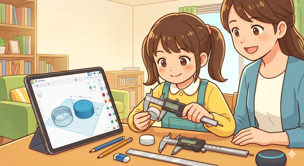 明るいリビングで、小学生の女の子（ポニーテール、サロペット）がデジタルノギスを使ってペットボトルのキャップを測り、それを傍らのiPad（3D CAD画面）で再現している集中した様子。母親（青いカーディガン）が笑顔で見守っている。