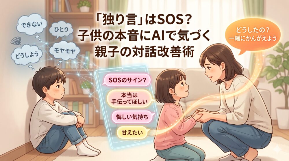 寂しげに独り言を言う子供のネガティブな感情をAIがスキャンし、寄り添う母親に温かいピンク色の感情として伝える様子を描いたアイキャッチ画像。親子の間に光の線が通り、対話改善を表現。タイトル「独り言」はSOS？ 子供の本音にAIで気づく 親子の対話改善術」を掲載