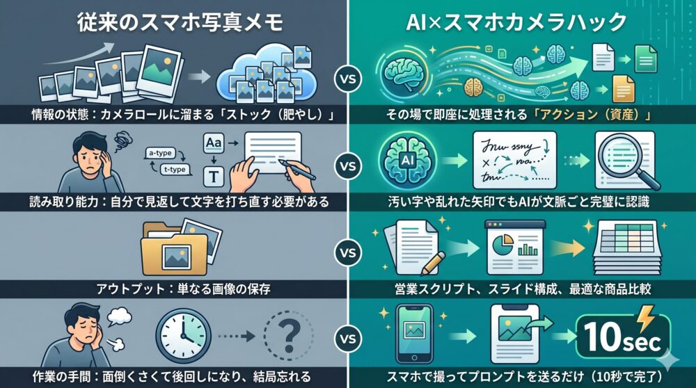従来のスマホ写真メモと、AI×スマホカメラハックを対比して解説。左側は「従来のスマホ写真メモ」で、Frustratedなユーザーと、溜まった写真、手入力、単なる画像保存、そして忘却のプロセスを暗めのトーンで描写。右側は「AI×スマホカメラハック」で、効率的なAI処理、多様なアウトプット（スクリプト、スライド、商品比較）、そして10秒で完了するシームレスなワークフローを、明るくクリーンな色調で描写。各対比項目（情報の状態、読み取り能力、アウトプット、作業の手間）は日本語で明記されている。