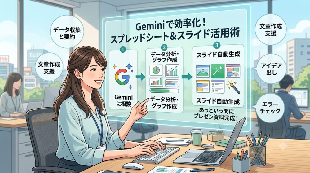 Geminiを活用してスプレッドシートのデータ分析やスライド資料の作成を効率化するイメージ図。パソコン画面とAIによるサポートを表すクリーンなイラスト。