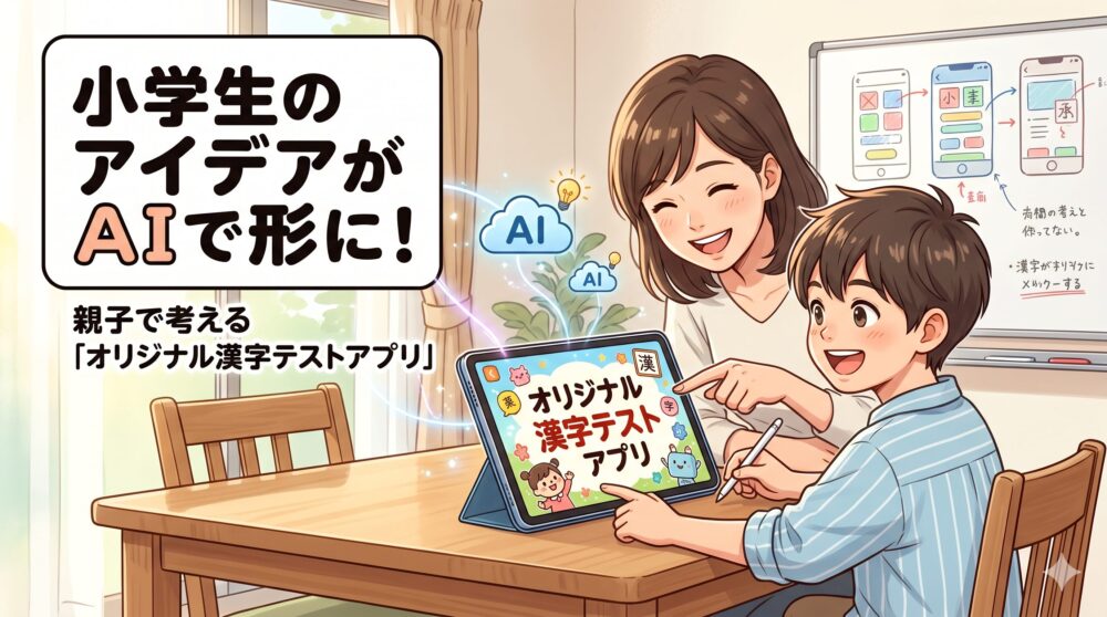 小学生と母親が楽しげにタブレットを見ており、画面には「オリジナル漢字テストアプリ」と表示されている。左上には「小学生のアイデアがAIで形に！親子で考えるアプリ開発記」という日本語タイトル。背景のホワイトボードには開発のラフ画がある。