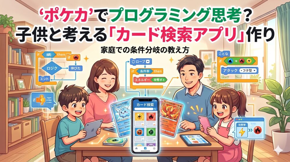家族4人がテーブルを囲み、スマートフォンやタブレットを使いながらポケモンカードの検索アプリについて話し合っているイラスト。周囲には日本語のテキストで「『ポケカ』でプログラミング思考？ 子供と考える『カード検索アプリ』作り」「家庭での条件分岐の教え方」と書かれている。
