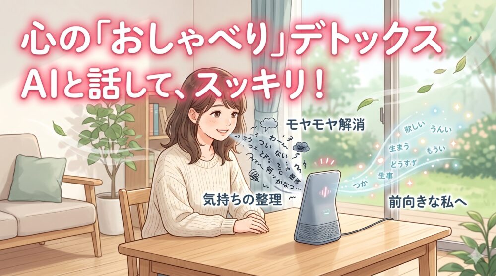 リビングで女性がAIスピーカーに向かって笑顔で話しかけており、心のモヤモヤやストレスが吐き出され、スッキリとした前向きな言葉へと変わっていく様子を描いたイラスト。