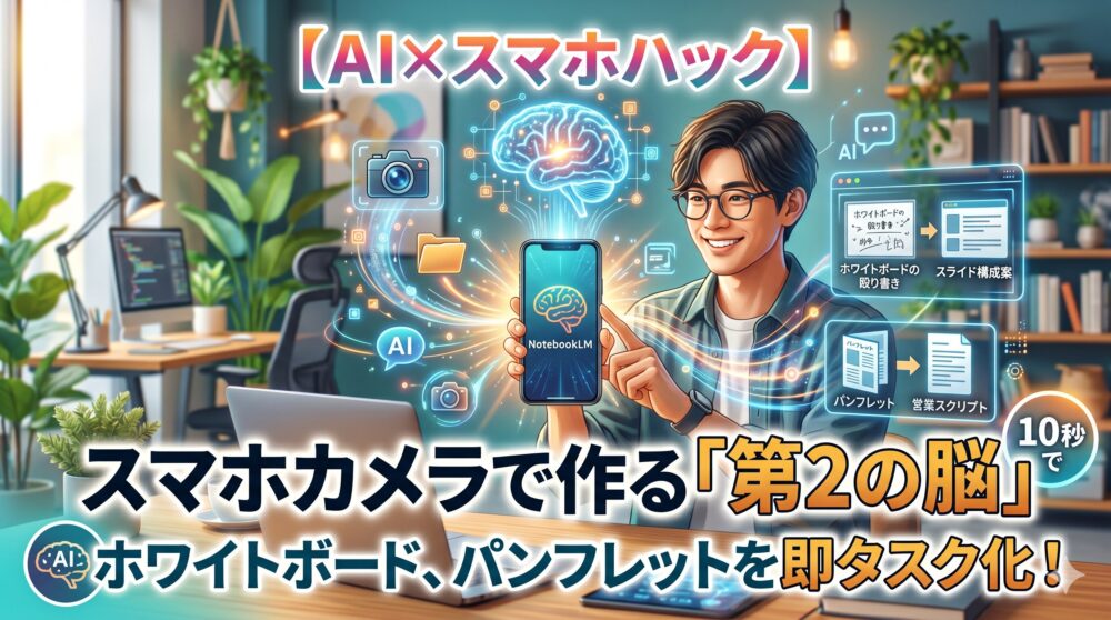 おしゃれなオフィスで、男性がスマートフォンからホログラムの脳やデータを生成しているアイキャッチ画像。「【AI×スマホハック】スマホカメラで作る『第2の脳』 ホワイトボード、パンフレットを即タスク化！」という日本語の大きなタイトルロゴが入っている。