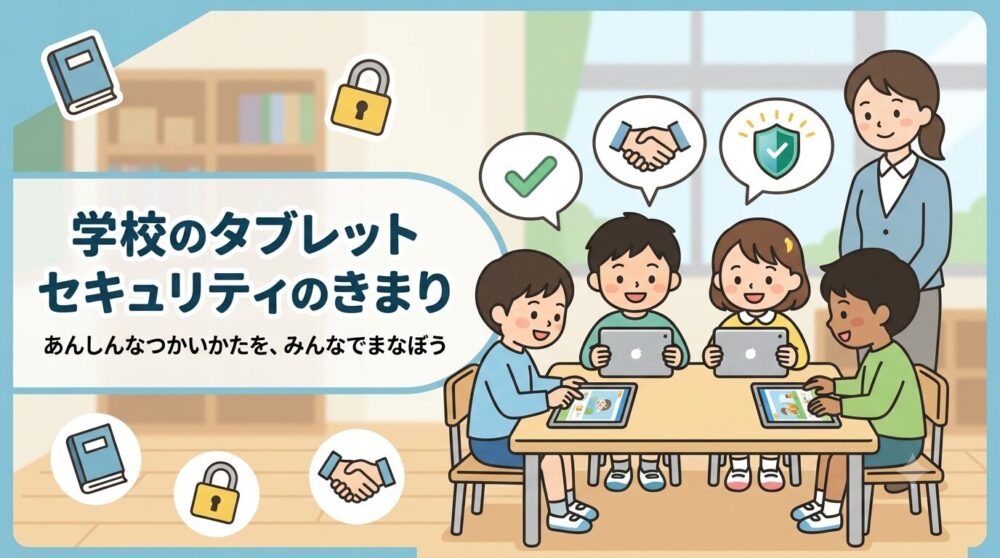 学校のタブレットセキュリティのきまりと日本語で書かれた、小学生が教室でタブレットを安全に使っているイラスト