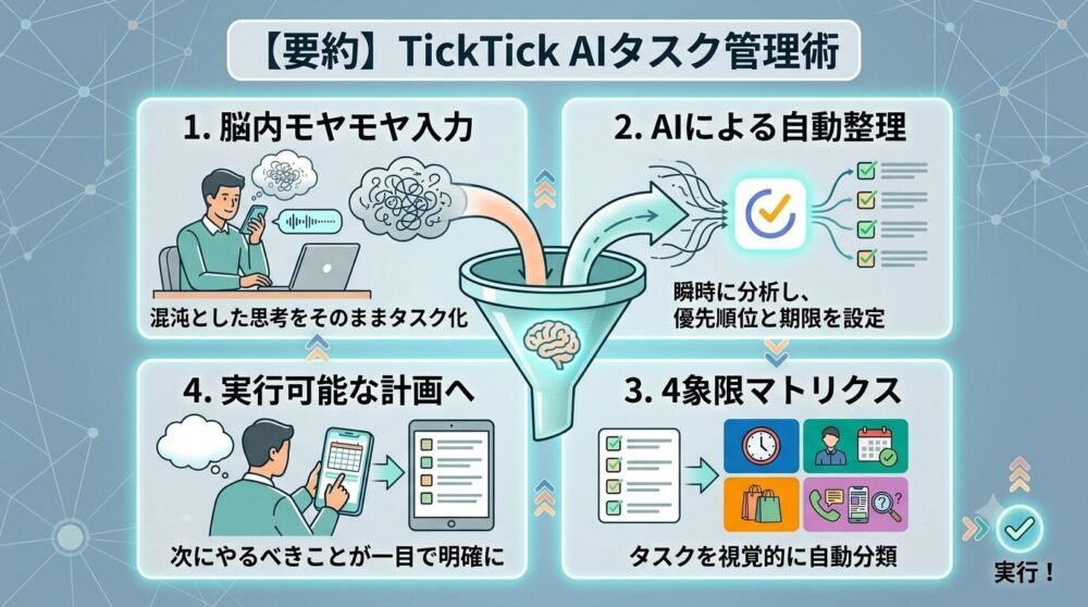 「【要約】TickTick AIタスク管理術」という日本語のタイトルと共に、1. 脳内モヤモヤ入力、2. AIによる自動整理、3. 4象限マトリクス、4. 実行可能な計画へ、という4つのステップを分かりやすく図解した要約インフォグラフィック画像