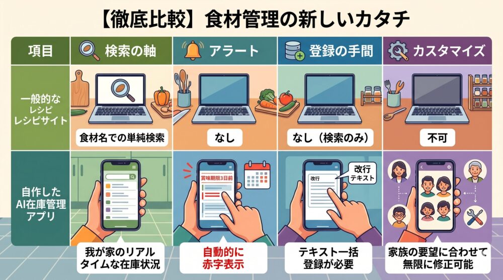 一般的なレシピサイトと自作のAI在庫管理アプリの機能比較を表した16:9のインフォグラフィック。左側に項目(検索の軸、アラート、登録の手間、カスタマイズ)があり、右側にそれぞれの対応内容を対比。AIアプリは家族の在庫状況、賞味期限の自動赤字表示、テキスト一括登録、家族に合わせた無限修正が可能。