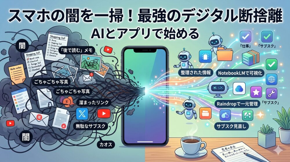 ブログ記事「スマホの闇を一掃！最強のデジタル断捨離」のアイキャッチ画像。スマホの中から溢れ出るごちゃごちゃしたメモやリンクのカオスな闇を、AIとアプリがスッキリ整理し、光に包まれてきれいなカテゴリーに分類していく様子を描いたデジタルイラスト。左側には「闇」「カオス」「後で読む」「ごちゃごちゃ写真」「溜まったリンク」などの日本語ラベルが絡まり、右側には「整理された情報」「NotebookLMで可視化」「Raindropで一元管理」「サブスク見直し」などの日本語ラベルとAIロボット、整理されたフォルダ、輝くアイコンが描かれている。