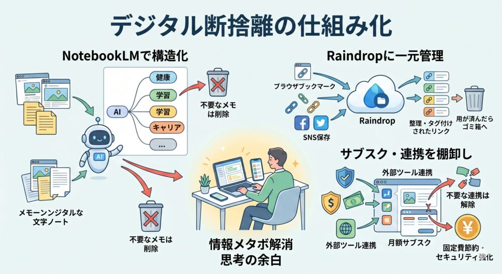 AIと便利アプリを活用したデジタル断捨離の仕組み化を示すイラスト。中央でスマホを持つ人が、3つのシステムによって整理されていく。左は「NotebookLMで構造化」で、AIロボットが雑多なメモをカテゴリー分類し不要なものを削除。中央は「Raindropに一元管理」で、散らかるリンクが集约されゴミ箱へ流れる循環。右は「サブスク・連携を棚卸し」で、セキュリティやお金のアイコンと共に不要なツール連携が切断される。全体が光に包まれ、思考の余白が生まれるイメージ。