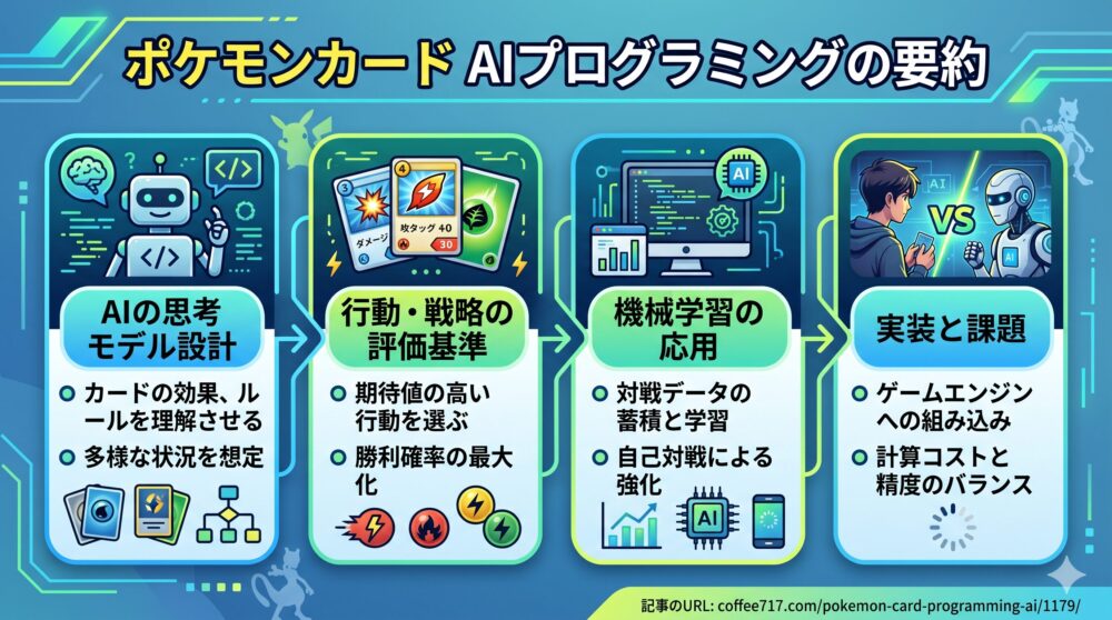 ポケモンカードAIプログラミングの要約インフォグラフィック。「AIの思考モデル設計」「行動・戦略の評価基準」「機械学習の応用」「実装と課題」の4つのステップが、左から右へのフローチャート形式で日本語の箇条書きとイラストと共に解説されている。