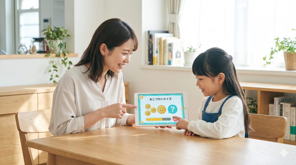 明るいリビングルームのテーブルで、母親が笑顔でタブレットを指さし、小学生の女の子が笑顔でタブレットの画面を操作している。タブレットの画面には「おこづかいクイズ」と日本語で表示されており、親子の楽しげな様子が伝わる写真。