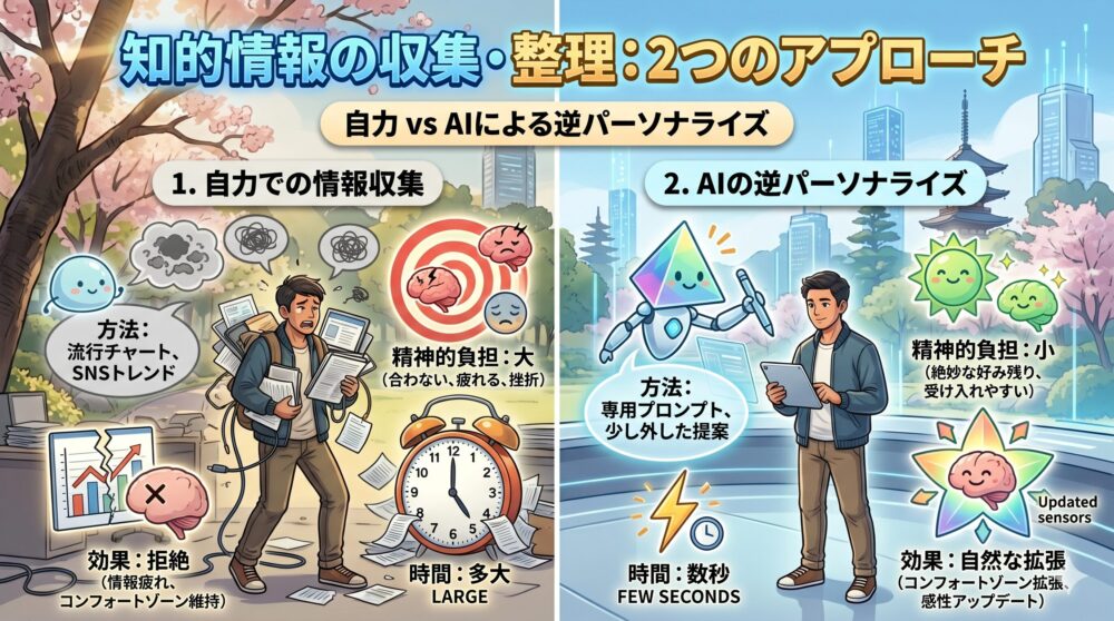 「知的情報の収集・整理：2つのアプローチ」というタイトルのインフォグラフィック。左側は「1. 自力での情報収集」、右側は「2. AIの逆パーソナライズ」の比較が描かれています。それぞれのセクションには、方法、精神的負担、効果、時間がイラストと日本語テキストでまとめられています。