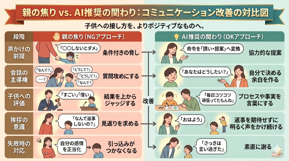 親の「焦り」によるNGアプローチとAIが推奨するOKアプローチを対比させたインフォグラフィック。親と子のイラストを交え、声かけの前提、会話の主導権、子供への評価、挨拶、失敗時の対応の5つの段階について、よりポジティブなコミュニケーションへの改善を視覚的に解説している。