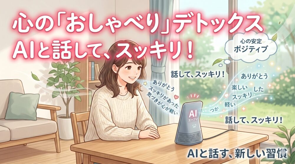 AIスピーカーとリラックスして会話する女性のイラスト。女性から「心の安定」や「ポジティブ」といったポジティブな言葉やハートマークがAIに向かって流れ、「話して、スッキリ!」というメッセージが添えられている。
