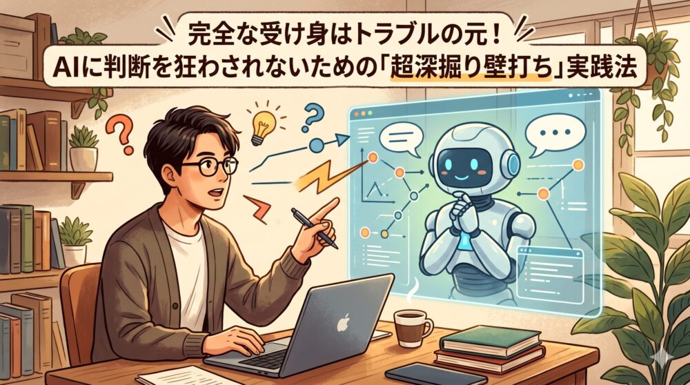 机に向かい、ペンを片手にAIと議論（壁打ち）する人の、縦長イラスト。左側の人物が積極的に話し、右側の透明な縦型ディスプレイ上のAIが、論理的な思考プロセスをデータポイントとテキストで示している。