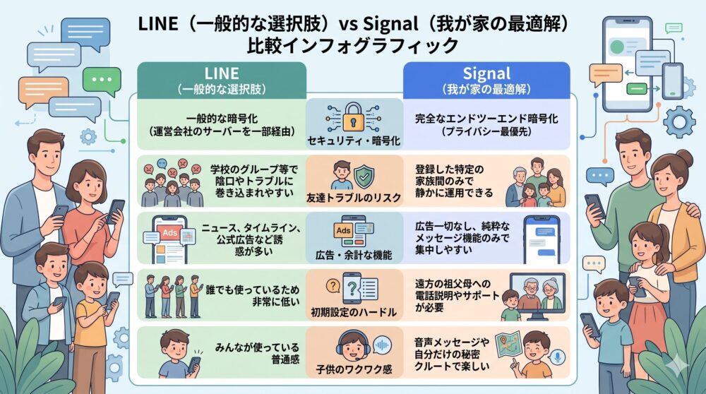 LINEとSignalの比較インフォグラフィック。5つの比較項目（セキュリティ、友達トラブル、広告、初期設定、子供のワクワク感）について、LINE（一般的な選択肢）とSignal（我が家の最適解）の違いを、わかりやすいイラストと日本語テキストで解説。セキュリティではSignalの完全エンドツーエンド暗号化、広告ではSignalの広告なし、子供のワクワク感ではSignalの音声メッセージなどを強調。