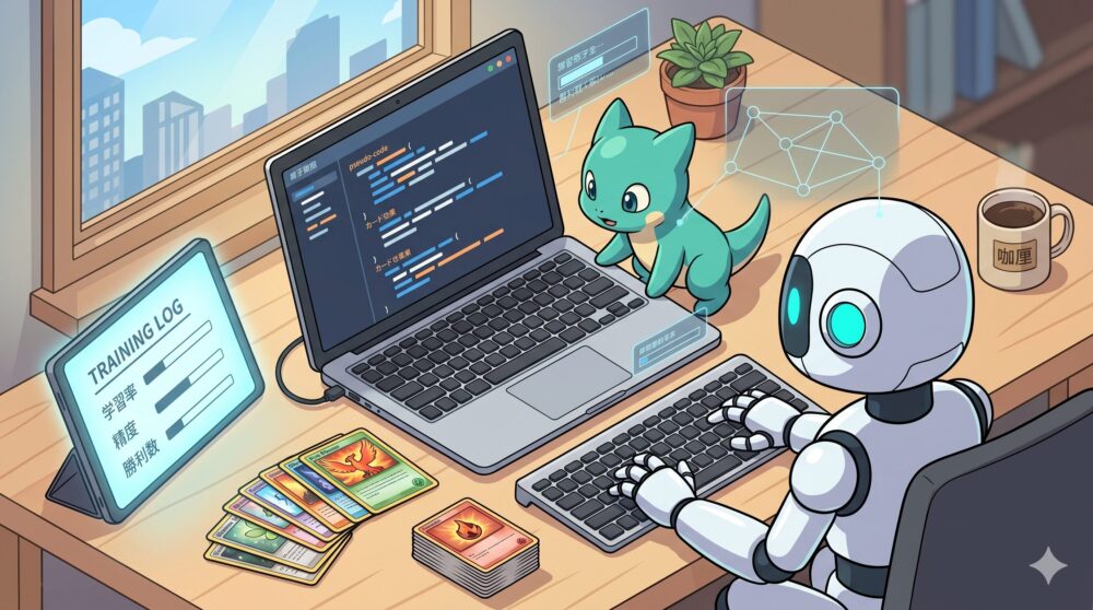 パソコン画面でプログラムコードを実行し、タブレットで学習率などのトレーニングログを確認しながら、架空のモンスターキャラクターと一緒に対戦シミュレーションを行うAIロボットのイラスト