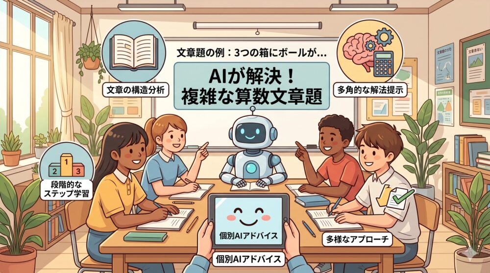明るい教室で、子どもたちがAIロボットやタブレットを囲んで座り、算数の文章題を楽しそうに学んでいるインフォグラフィック風のイラスト。