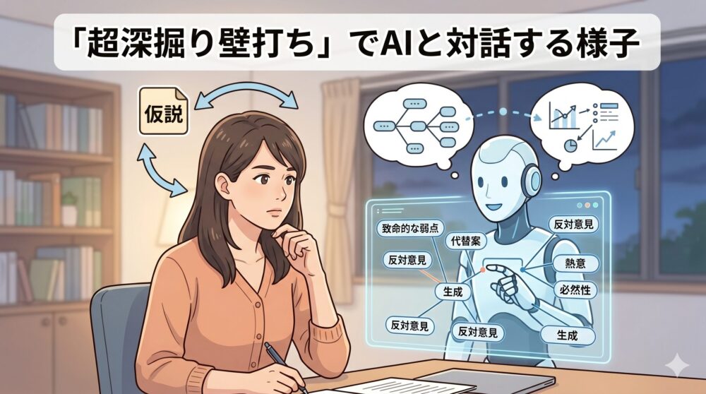人間（ノートを持つ女性）がロボット（AI）に対して『仮説』を伝え、AIがそれを起点にデータと論理に基づいて『致命的な弱点』『代替案』『反対意見』などのデータポイントを構造化する、深い対話プロセス。