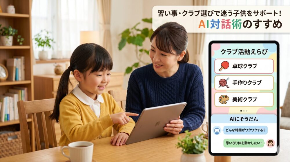親子が笑顔でタブレットを囲みながら、AIを活用して小学生の娘が卓球、手作り、美術クラブの選択肢を相談している様子を描いた、ブログ「習い事・クラブ選びで迷う子供をサポート！AI対話術のすすめ」のアイキャッチ画像。
