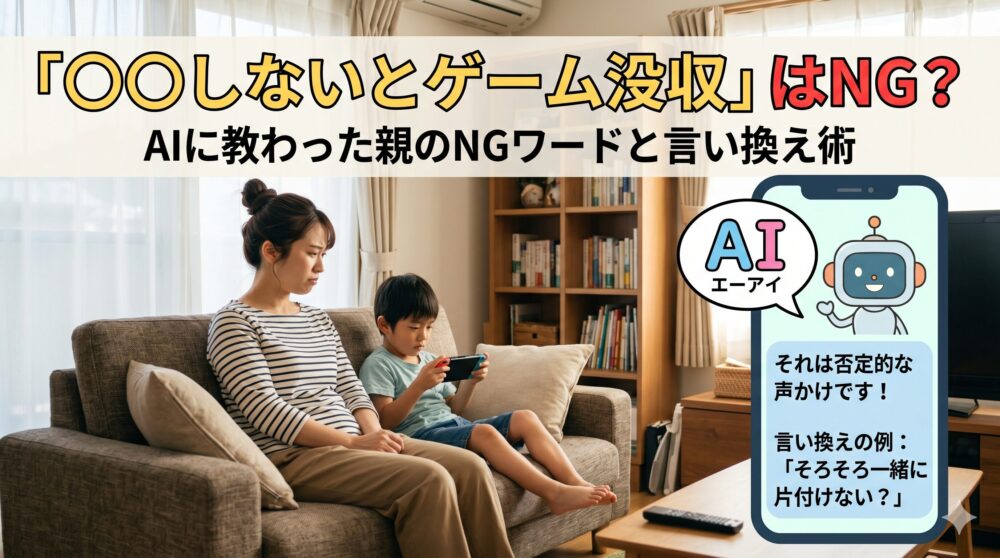 「〇〇しないとゲーム没収」はNG？と書かれたタイトルと、リビングでゲームをする子供を見つめる母親、そしてスマートフォンで言い換え術を提案するAIロボットが描かれたアイキャッチ画像。