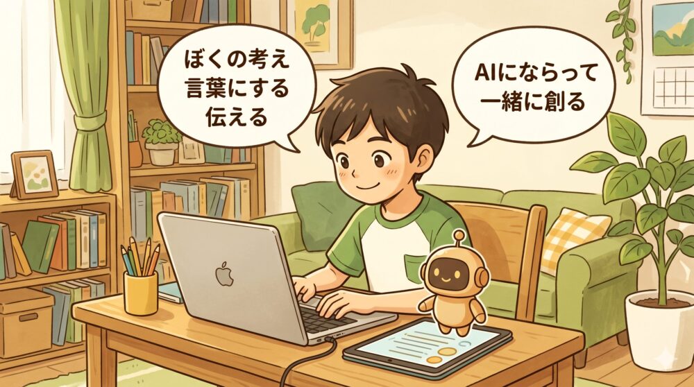 居心地の良い子供部屋で、9歳くらいの日本の小学生の男の子が木の机に向かい、ノートパソコンに自分の考えを入力している。男の子の頭上には、日本語の吹き出しが浮かんでおり、そこには「ぼくの考え、言葉にする、伝える」と書かれている。ノートパソコンの横にあるタブレット画面には、男の子と対話するように小さなロボットのAIキャラクターが描かれている。全体的に温かみのある、親しみやすい色調。