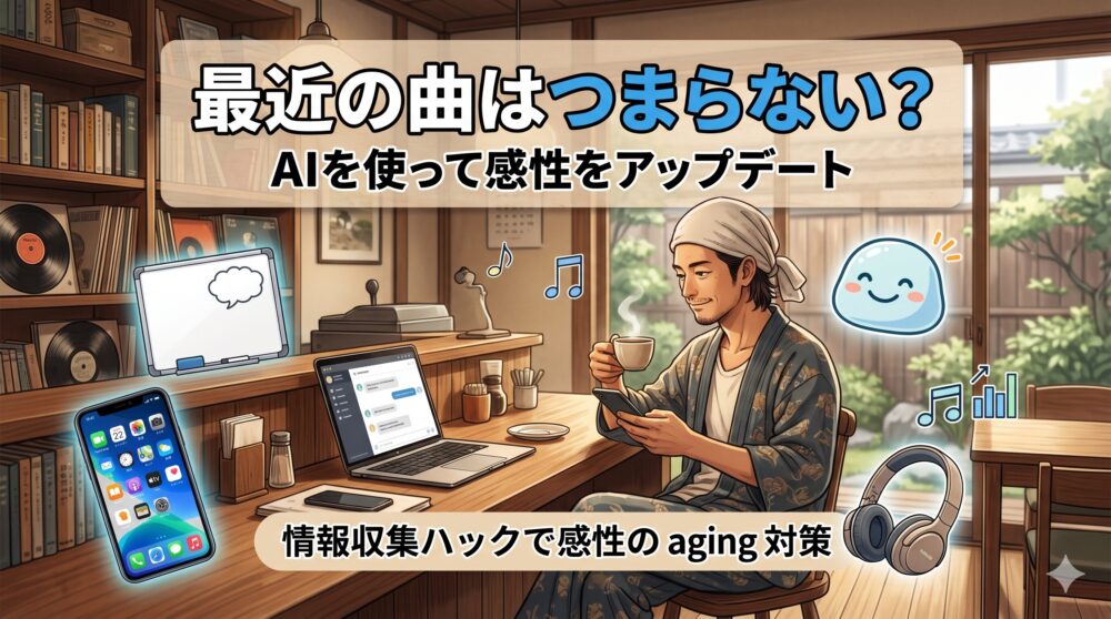 和風テイストのカフェで男性がスマホやAIアシスタントを活用しながら、音楽を楽しんでいる様子。上部に「最近の曲はつまらない？」「AIを使って感性をアップデート」という日本語のタイトルテキスト。下部に「情報収集ハックで感性の aging 対策」という日本語のサブテキスト。