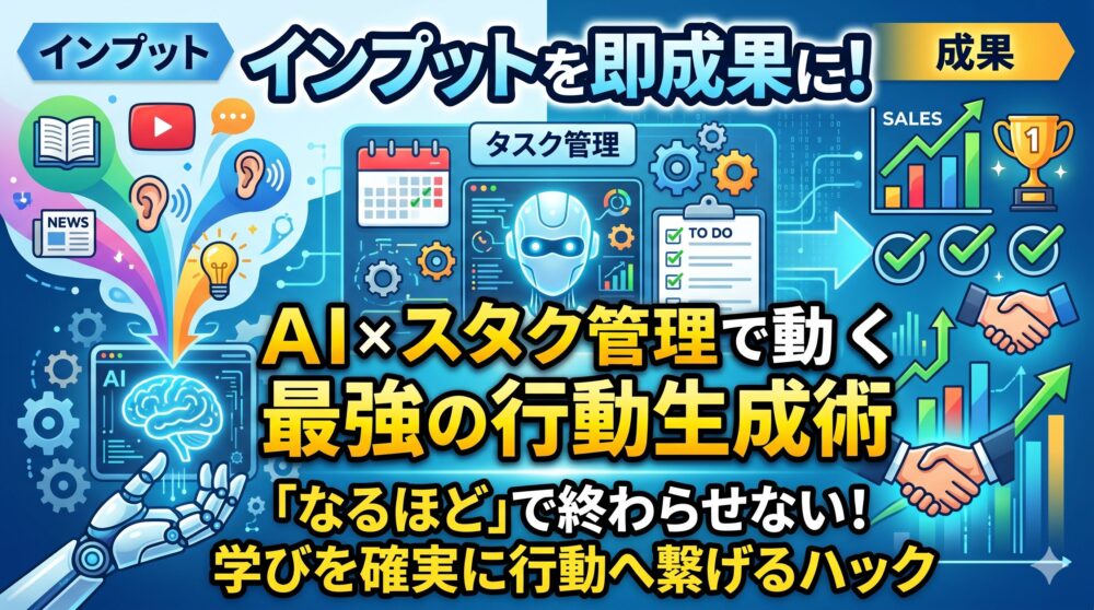 インプットを即成果に！」という文字と、AIがタスク管理をして成果を生み出す様子を描いたイラスト。