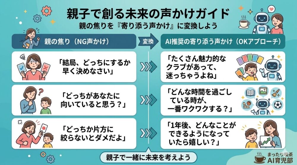 親の焦り（NG声かけ）とAI推奨の寄り添う声かけ（OKアプローチ）を比較したインフォグラフィック。左側に『親の焦り』として焦る親と困る子どものイラスト、右側に『OKアプローチ』としてAIロボットと笑顔の親子のイラストがある。各パネルで、NG声かけとOK声かけの具体的なフレーズが比較されており、例えば『結局、どっちにするか早く決めなさい』が『たくさん魅力的なクラブがあって、迷っちゃうよね』へと変換されている。
