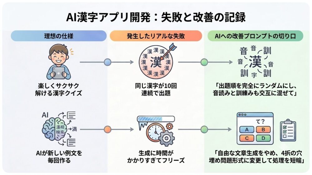 AI漢字アプリ開発における、2つの異なる機能（クイズ形式、例文生成）それぞれの「理想の仕様」「失敗例」「改善策（プロンプト）」をまとめたインフォグラフィック。視覚的なアイコンと、明確なステップ（失敗 -> 改善プロンプト）で構成されている。