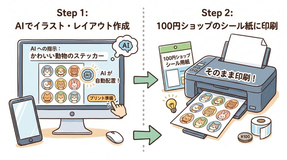 AIでイラスト・レイアウトを作成し、100円ショップのシール紙に印刷する手順のイラスト