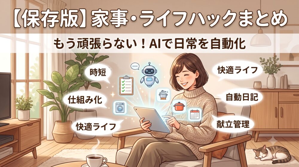 ソファでくつろぎながらタブレットを操作する女性とサポートするAIロボットのイラスト。「【保存版】家事・ライフハックまとめ」「もう頑張らない！AIで日常を自動化」という見出しと、時短や仕組み化をイメージするアイコンが描かれている。