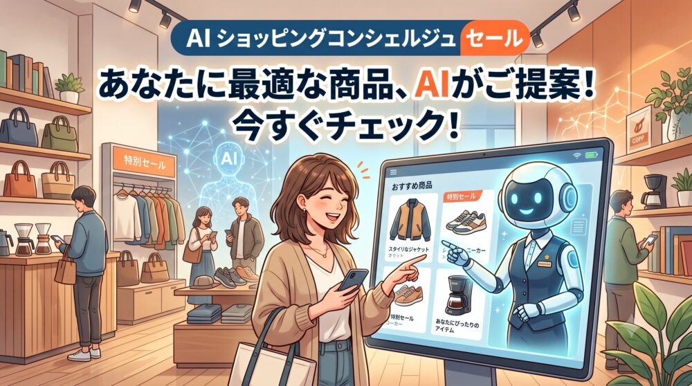 AIショッピングコンシェルジュセールのアイキャッチ画像。店舗内で女性がスマートフォンを手に、AIロボットが映る大型モニターを指さして笑顔で話している様子。モニターにはおすすめ商品が表示され、「あなたに最適な商品、AIがご提案！」というテキストが添えられている。