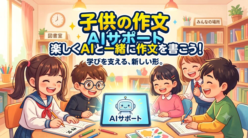明るい教室や図書室で、小学生の子供たちが楽しそうにノートに作文を書いているイラスト。中央のタブレット画面には可愛いロボットのアイコンと「AIサポート」の文字が表示されており、画面上部には「子供の作文 AIサポート 楽しくAIと一緒に作文を書こう！ 学びを支える、新しい形。」という日本語のタイトル文字が大きく描かれています。