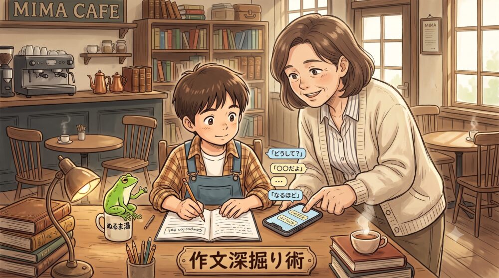 店内で、机に向かってノートに作文を書く男の子と、スマートフォンの画面を指差しながら微笑む大人の女性のイラスト。机の上には「作文深掘り術」と書かれた木製のプレート、カエルの置物が乗った「ぬるま湯」と書かれたマグカップ、スマートフォンの画面から飛び出す「どうして？」「〇〇だよ」「…」「なるほど」という吹き出しが描かれています。