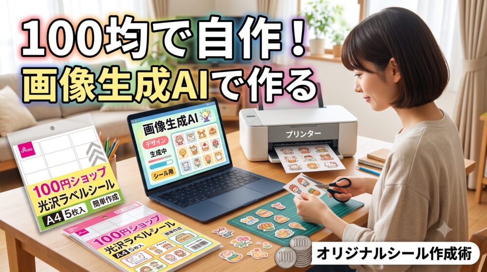 100円ショップのラベルシールと画像生成AIを使って、自宅のパソコンとプリンターでオリジナルのシールを自作する女性のイラスト。画面には「100均で自作！画像生成AIで作る」という日本語の文字が大きく表示されています。