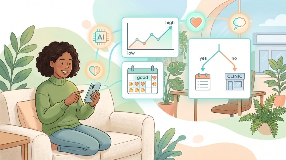 女性がソファでスマートフォンを見ながら、AIによるメンタルヘルスチェックの結果を確認しているイラスト。画面からは感情の変化を示すグラフや、カレンダー、クリニックへの予約を促すフローチャートが浮かび上がっており、背景には医師が待機しているクリニックが見える。全体的に明るい雰囲気。