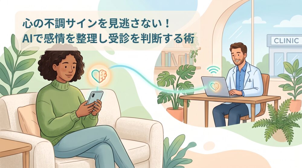 AIによるメンタルヘルスセルフチェックと心療内科・クリニック受診の連携をイメージした優しいイラスト